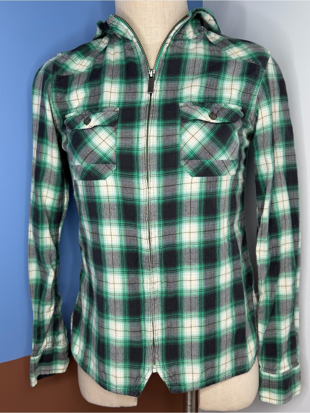 Horny Toad Green Plaid Zip Up Hoodie Organic Cotton Size Small